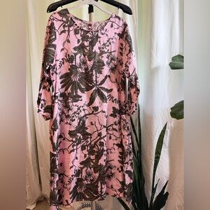 Pink Tunic Dress with Black Botanical Print